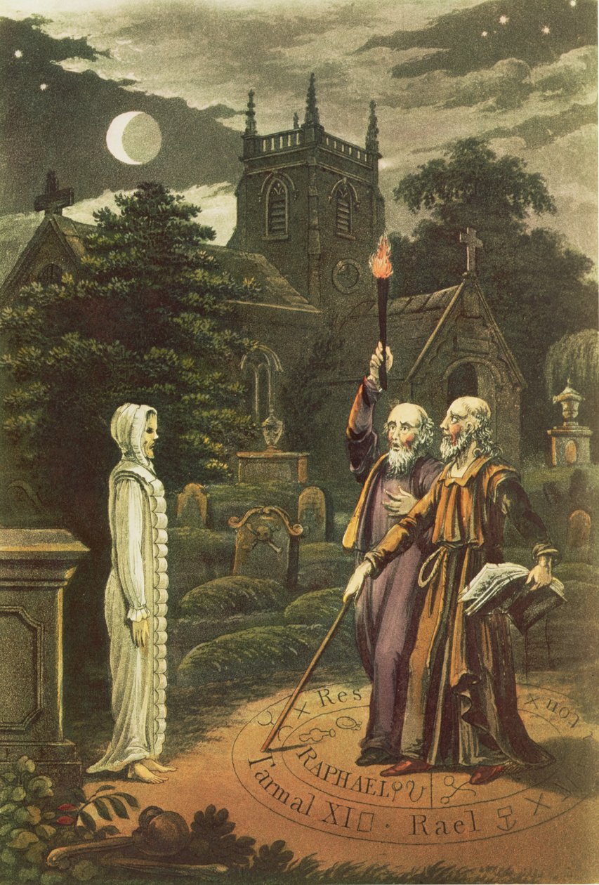 Edward Kelly (n.1555), um mágico, e seu parceiro, o matemático e astrólogo John Dee (1527-1608), criando um fantasma (gravura colorida à mão) de English School