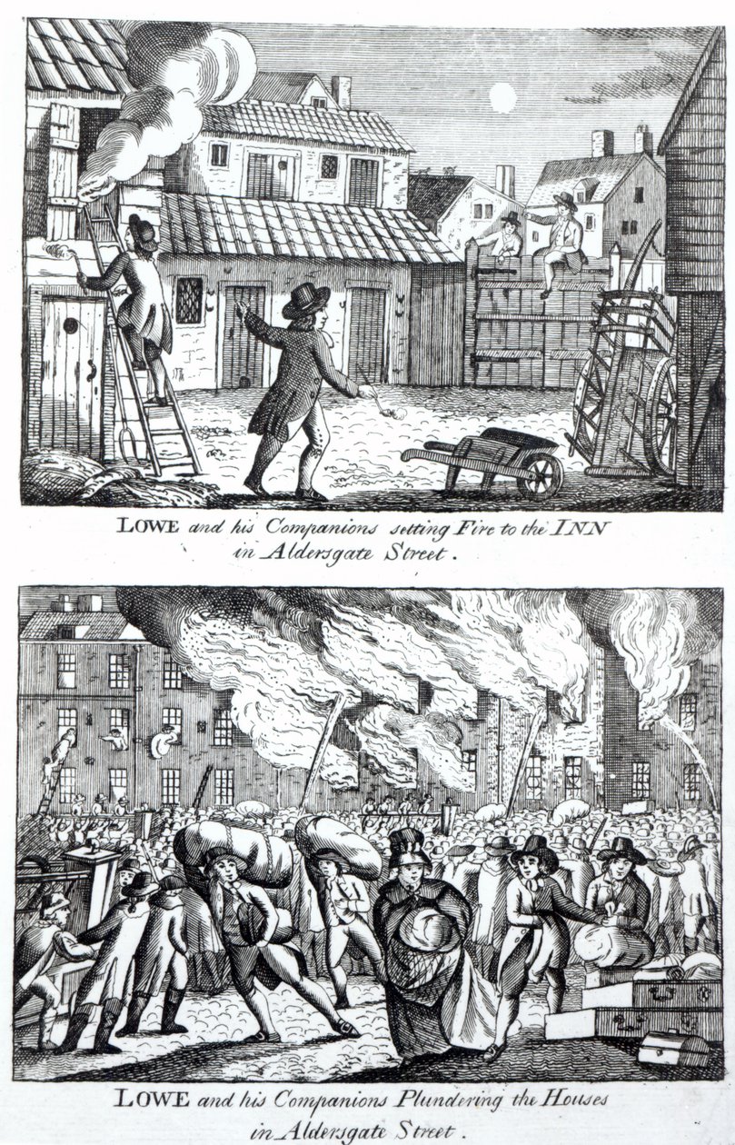 Edward Lowe e seus companheiros atearam fogo na pousada na Rua Aldersgate e saquearam as casas, em 16 de maio de 1790 de English School
