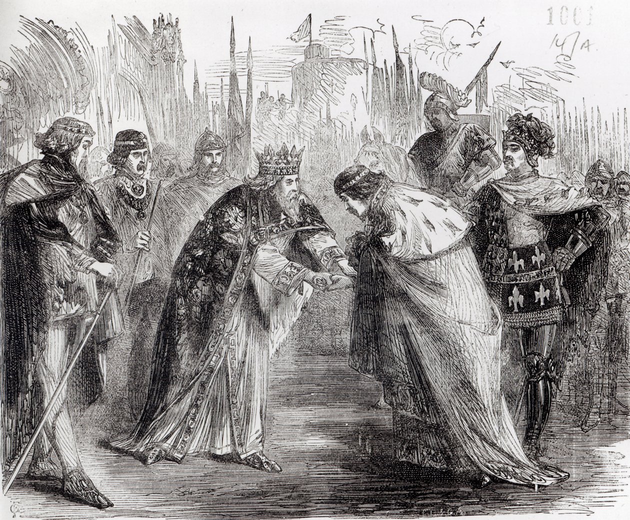 Eduardo, o Príncipe Negro (1330-76), apresentando o rei João II (1319-64) da França a seu pai, Eduardo III (1312-1377) de English School