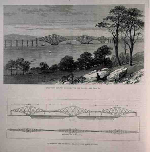 Elevação e Plano Seccional da Ponte Forth, Edimburgo, de The Illustrated London News, 28 de janeiro de 1882 de English School