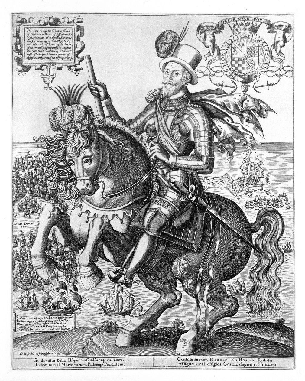 Retrato Equestre de Charles Howard (1536-1624) 2º Barão Howard de Effingham, 1º Conde de Nottingham, gravado por Thomas Cockson (fl.1591-1636) c.1597-1603 de English School