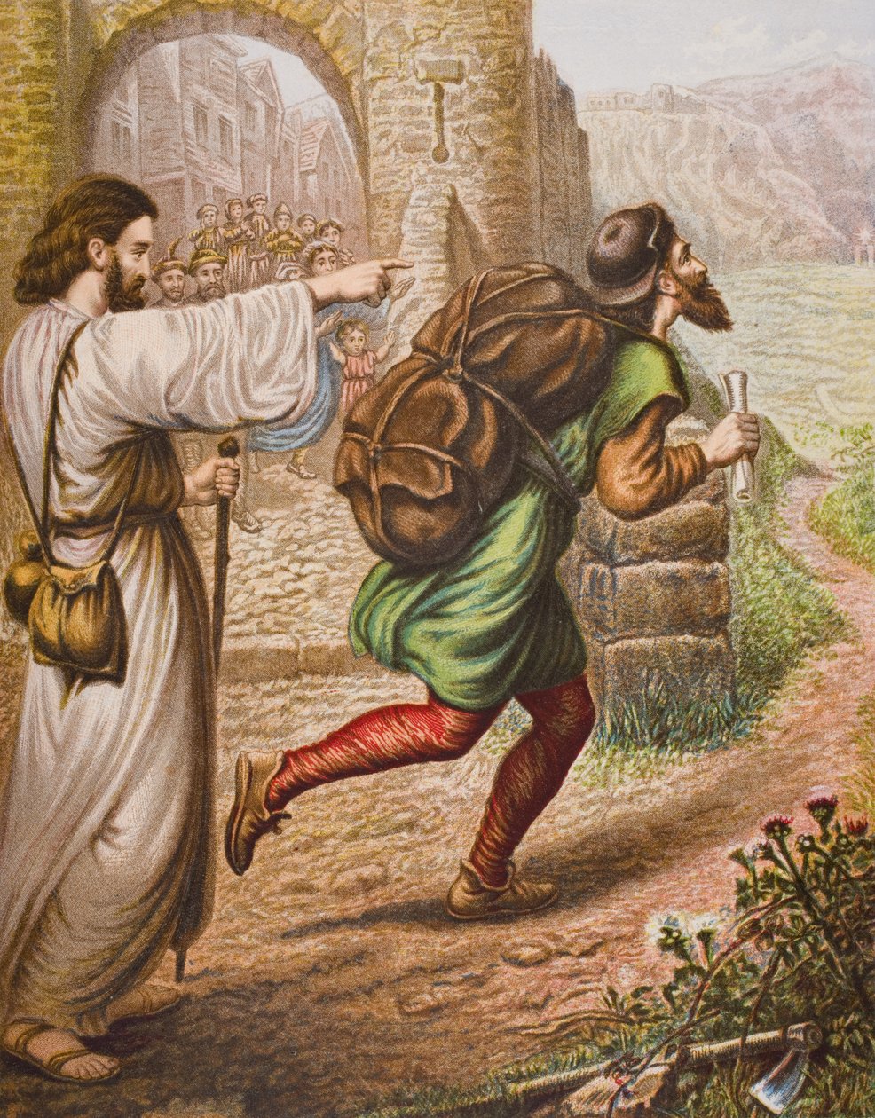 Evangelista dirige Christian em seu caminho, ilustração de &39;The Pilgrim&39;s Progress&39; por John Bunyan (1628-88) de English School