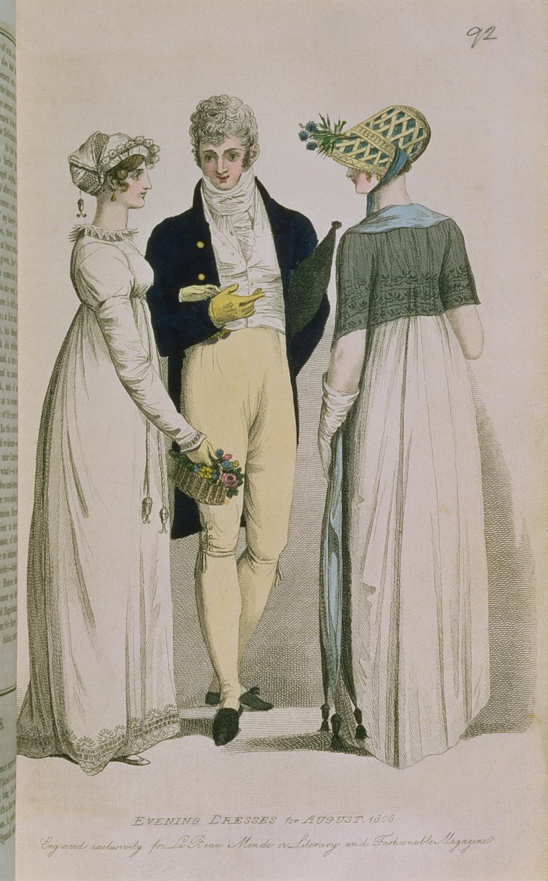 Vestidos de noite para agosto de 1808, ilustração de &39;Le Beau Monde ou, revista literária e elegante&39;, 1808 de English School