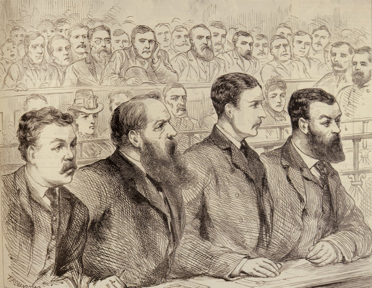Exame dos líderes da Federação Social-Democrata no Tribunal de Polícia de Bow Street, de The Illustrated London News, 27 de fevereiro de 1886 de English School