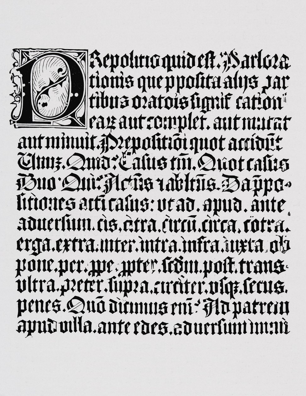 Fac-símile de uma página de xilogravura ou gravura em madeira sobre a preposição, de um livro de gramática impresso por Johann Fust e Johannes Gutenberg, Mainz, c.1450 de English School