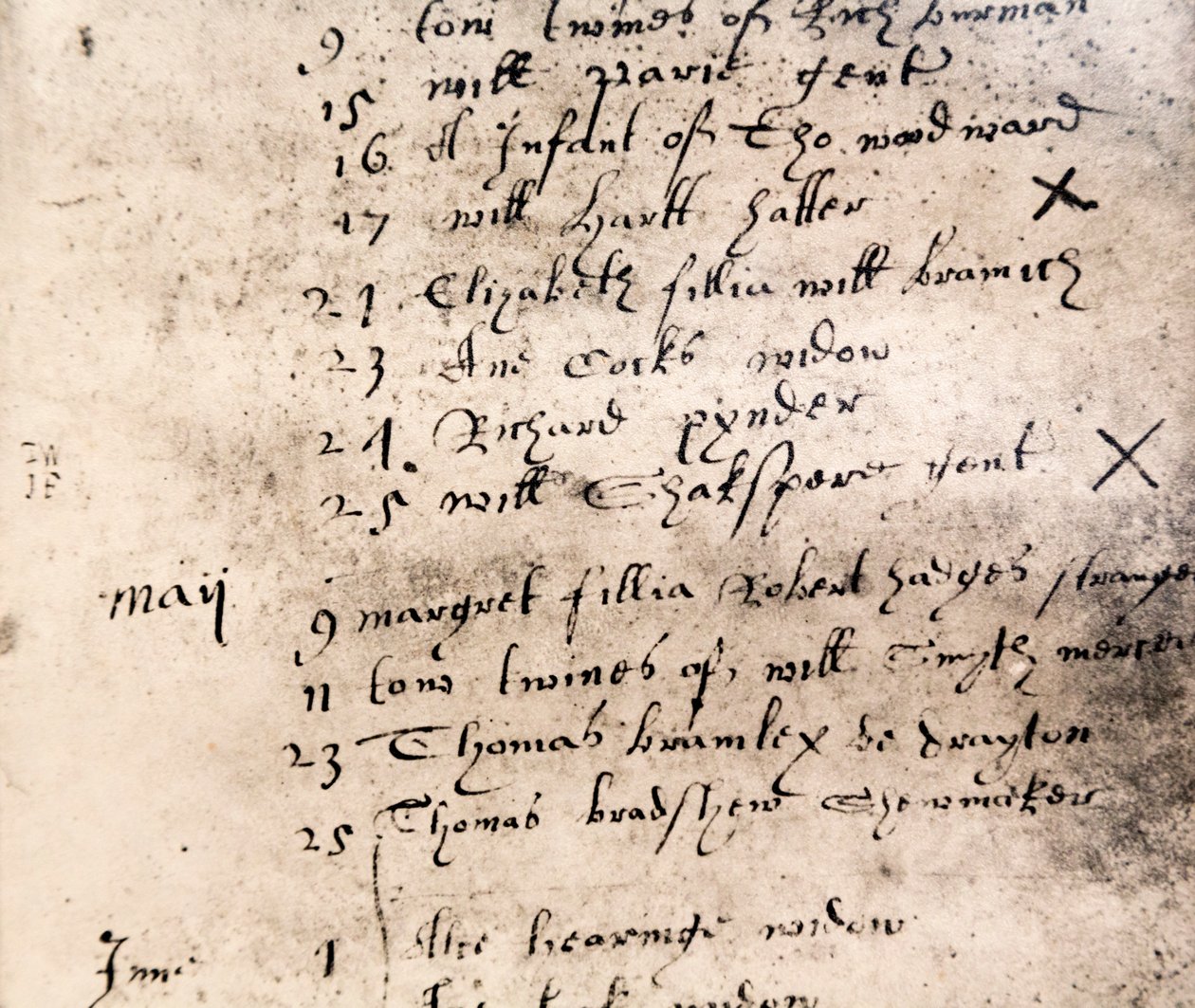 Entrada de registro de fac-símile para o enterro de William Shakespeare em 25 de abril de 1616 de English School