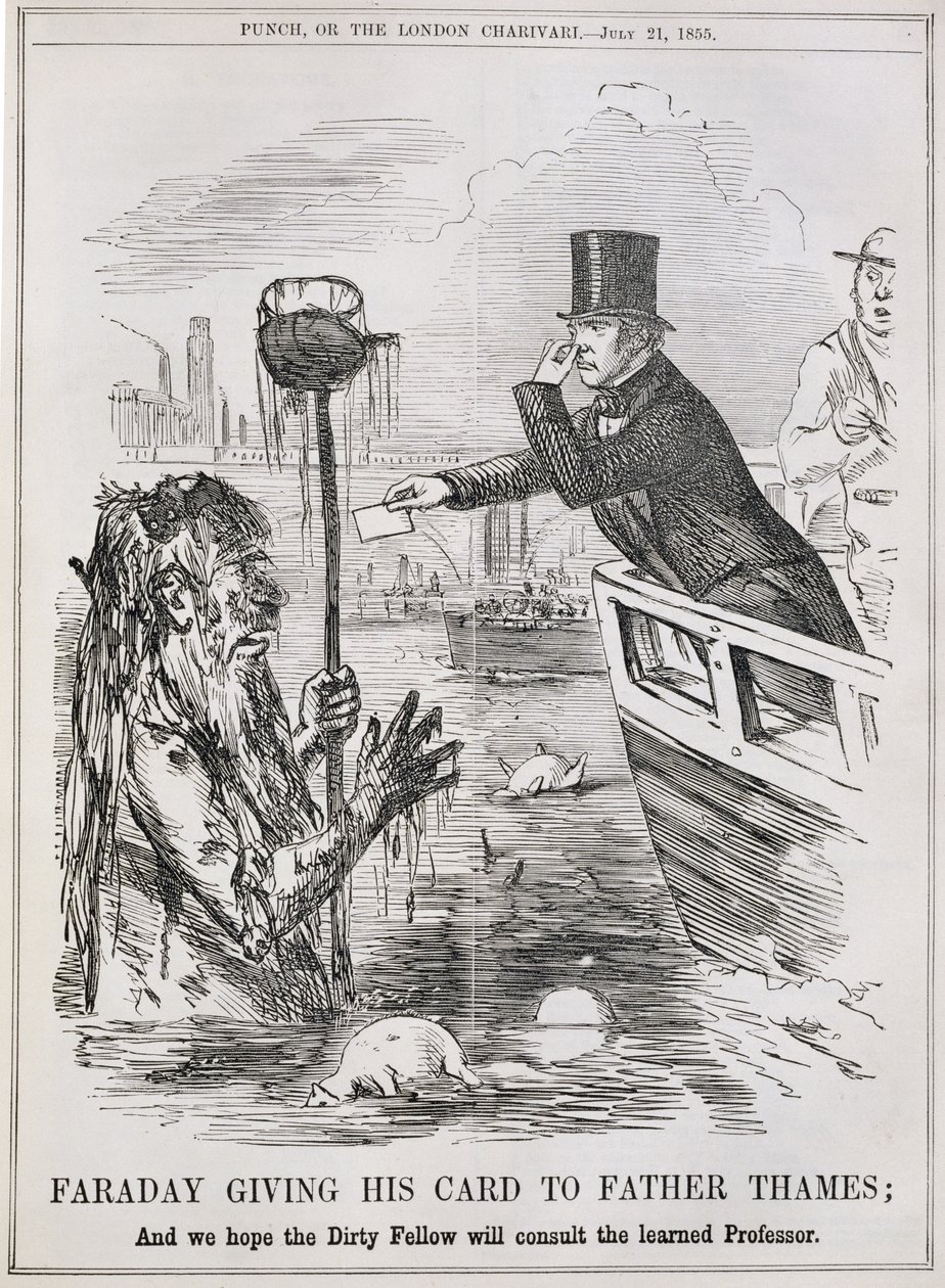 Faraday dando seu cartão para o pai Thames, de &39;Punch&39;, 21 de julho de 1855 de English School