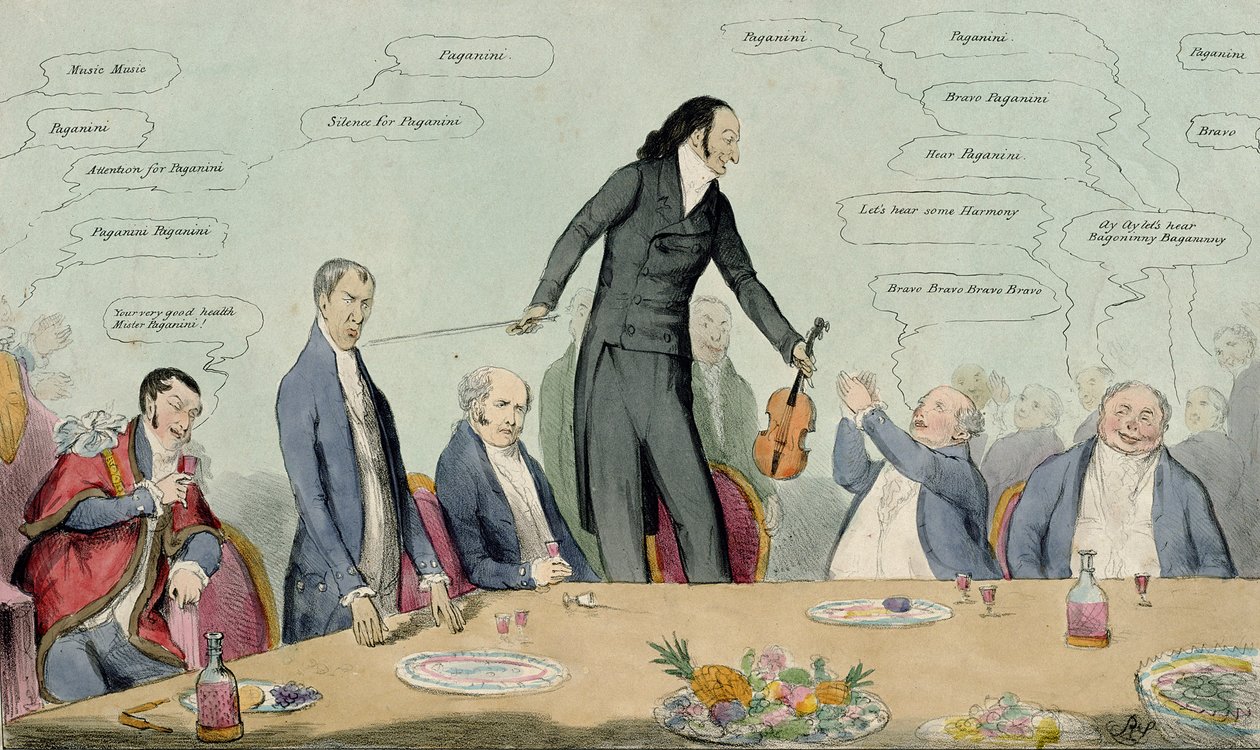 Fiddlestick versus Broomstick, caricatura de Niccolo Paganini, pub. por Thomas McLean, 1831 (gravura colorida) de English School