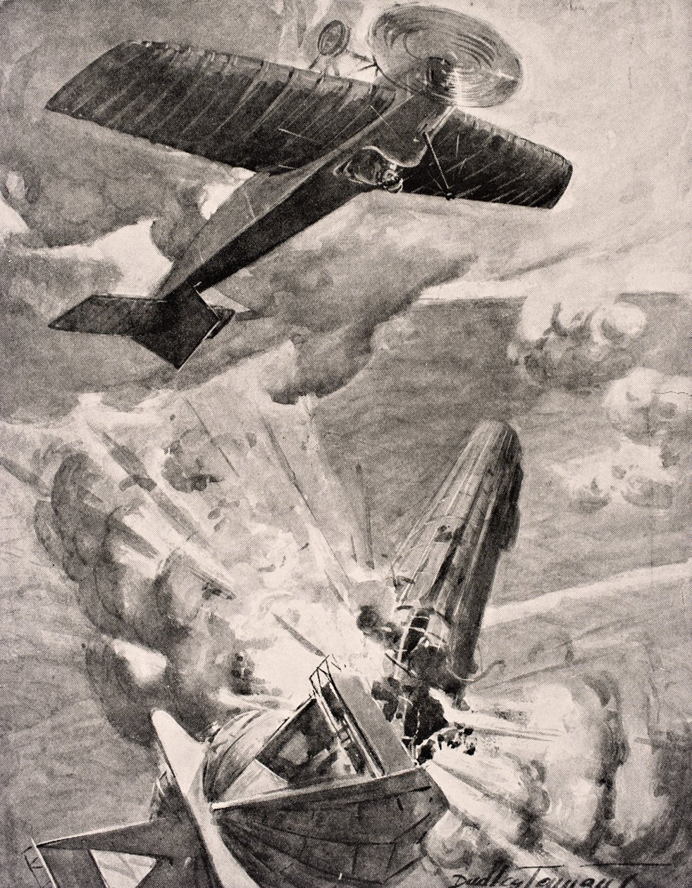 O sub-tenente de voo Warneford VC atira e destrói o dirigível Zeppelin 1915, de &39;The War Illustrated Album deLuxe&39;, publicado em Londres, 1916 de English School