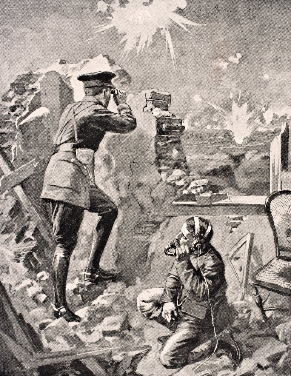 Forward Officer observa efeito da barragem de artilharia rastejante, de &39;The War Illustrated Album deLuxe&39;, publicado em Londres, 1916 de English School