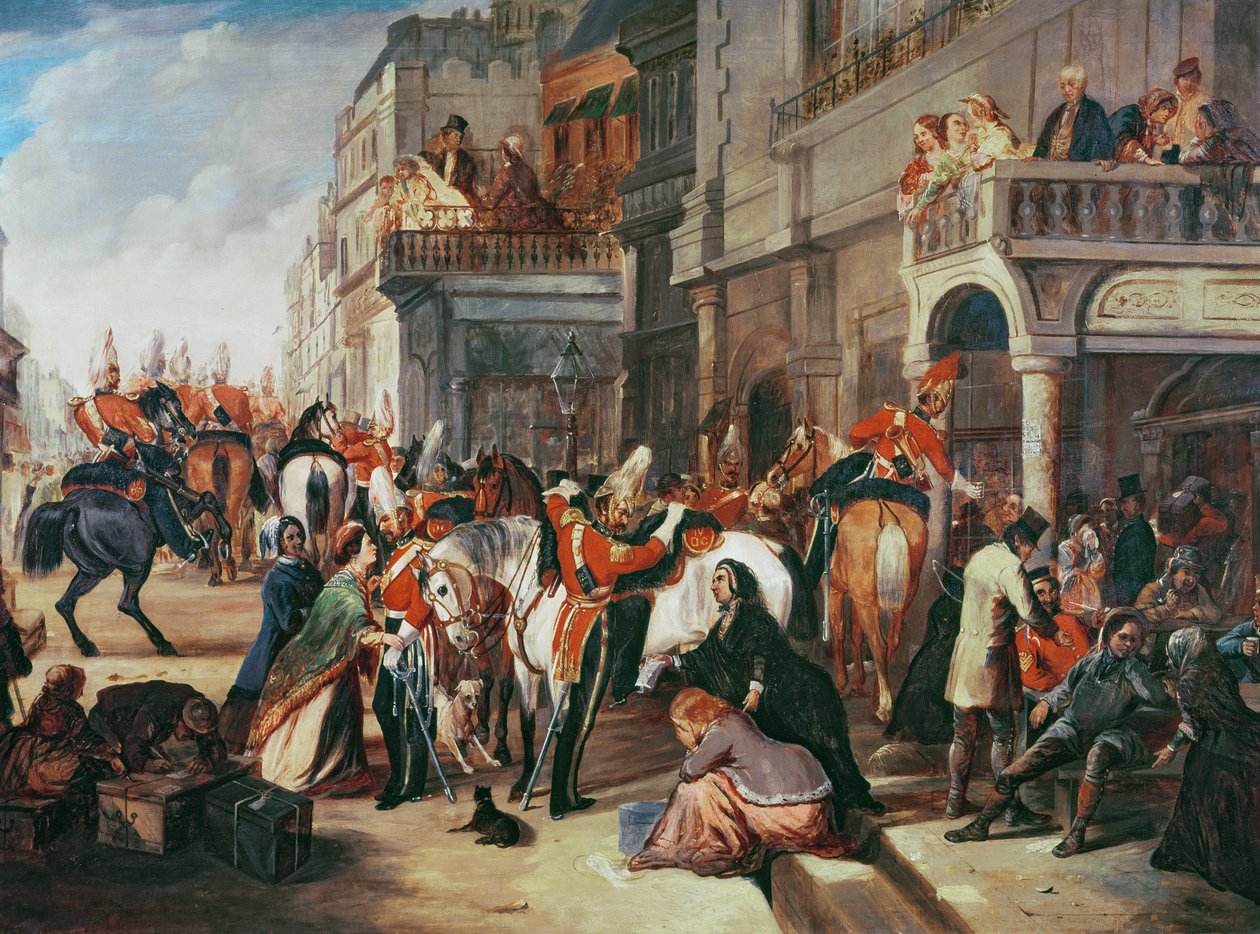 Quarta Guarda de Dragões partindo para a Guerra da Crimeia, c.1854 de English School