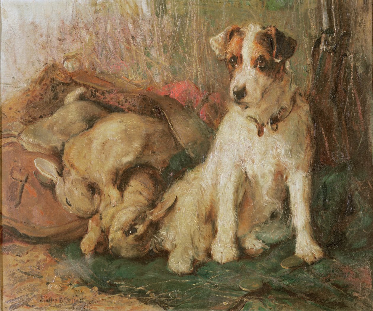 Fox Terrier com o saco de dias de English School