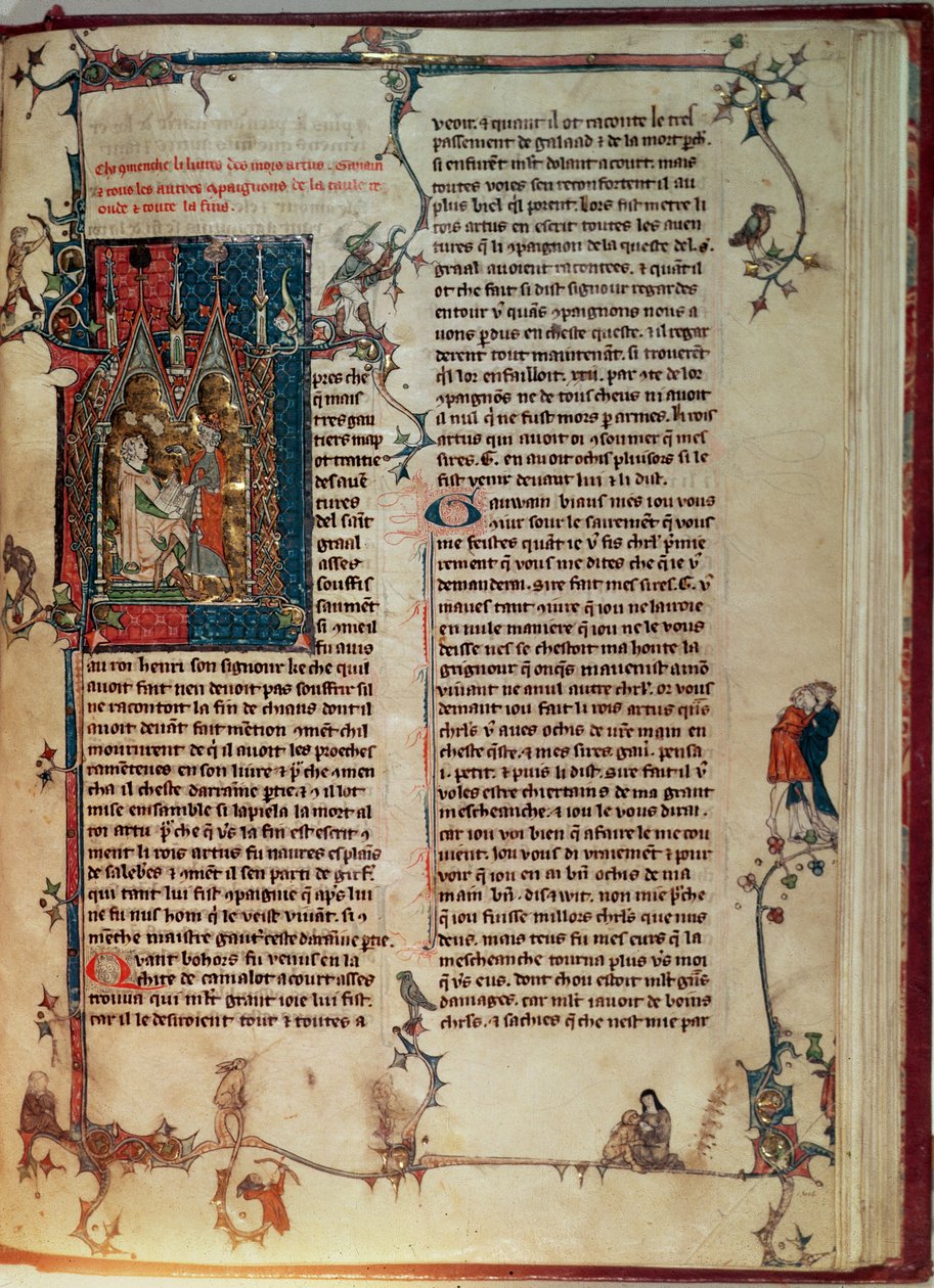 Fr 1 f.82r Vol. I Walter Map tirando uma história das aventuras dos Cavaleiros da Távola Redonda na busca do Santo Graal no ditado do Rei Artur, do Manchester Arthurian Roman de English School