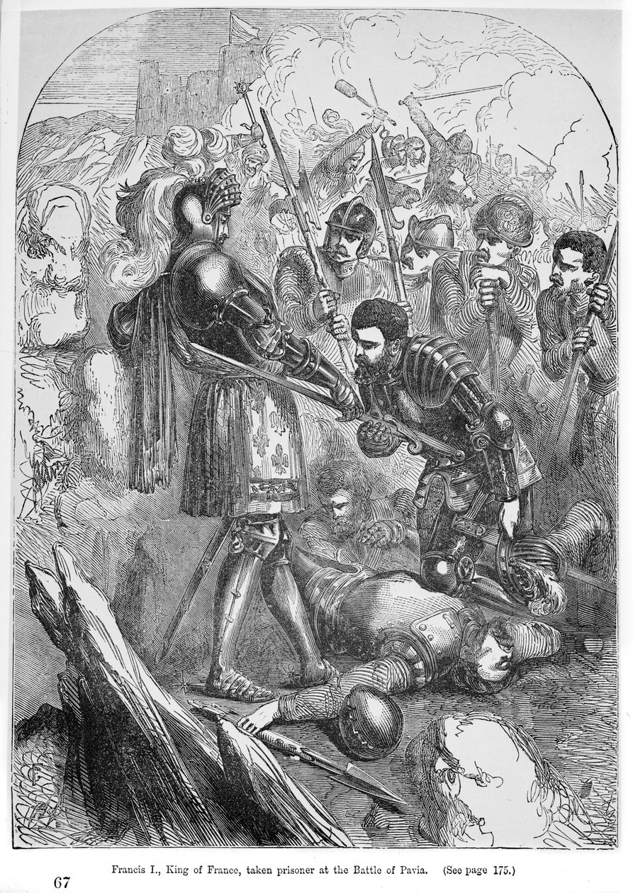 Francis I (1495-1547) Prisioneiro tomado na batalha de Pavia em 1525 por Charles Bourbon (1490-1527), ilustração de livro de English School