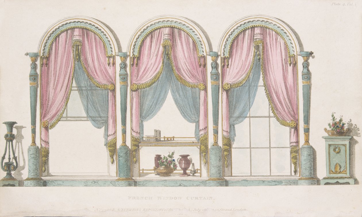 Cortina de janela francesa, placa 55 do Ackermanns Repository of Arts, publicada em 1809-28 de English School