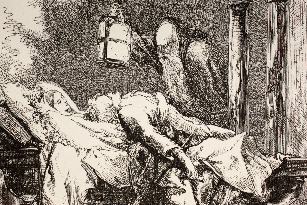 Frei Laurence chega à cripta dos Capuletos para encontrar Romeu, Julieta e Paris mortos, de "The Illustrated Library Shakespeare", publicado em Londres em 1890. de English School