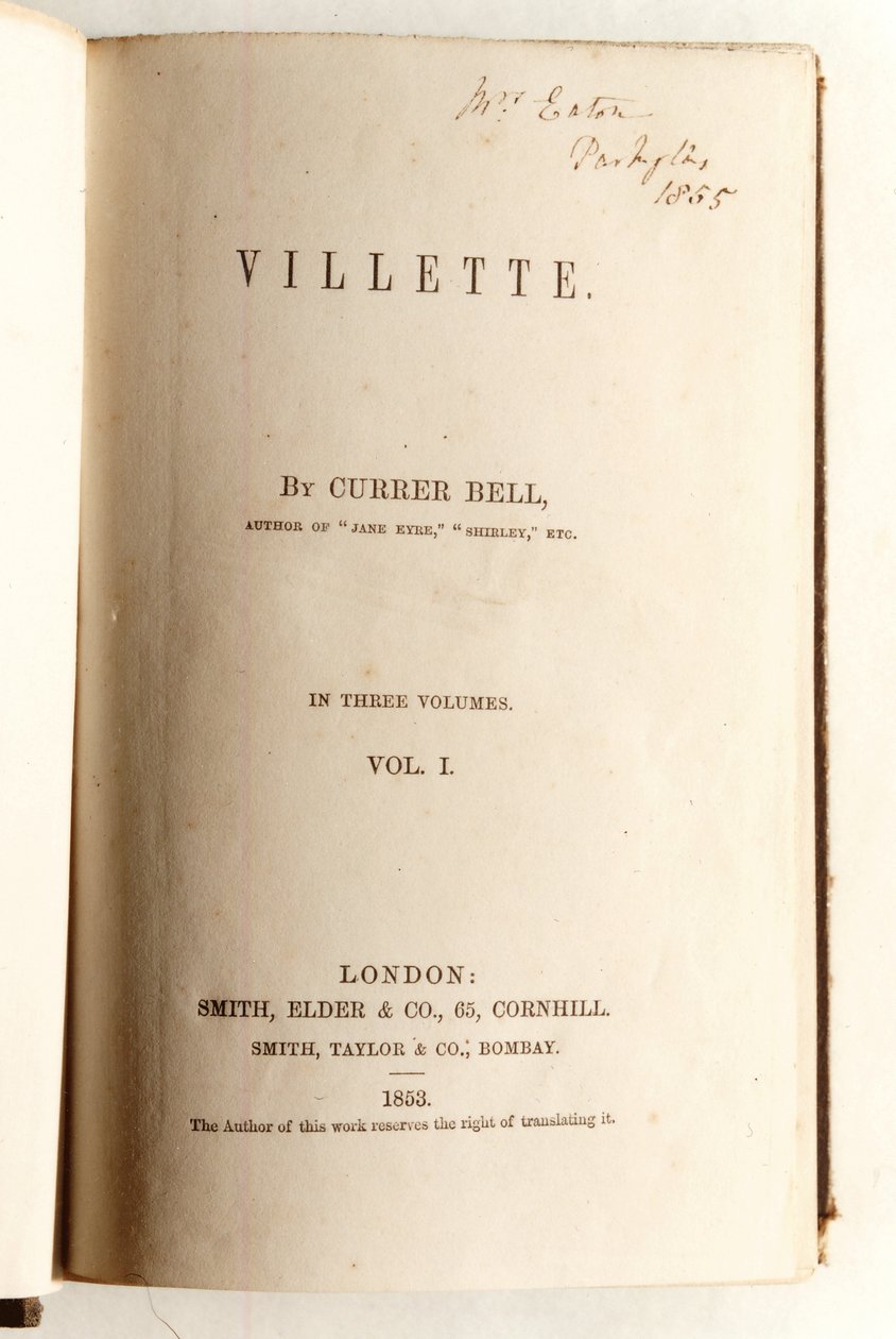 Frontispício de Villette por Currer Bell, publicado por Smith, Elder & Co. em 1853 de English School