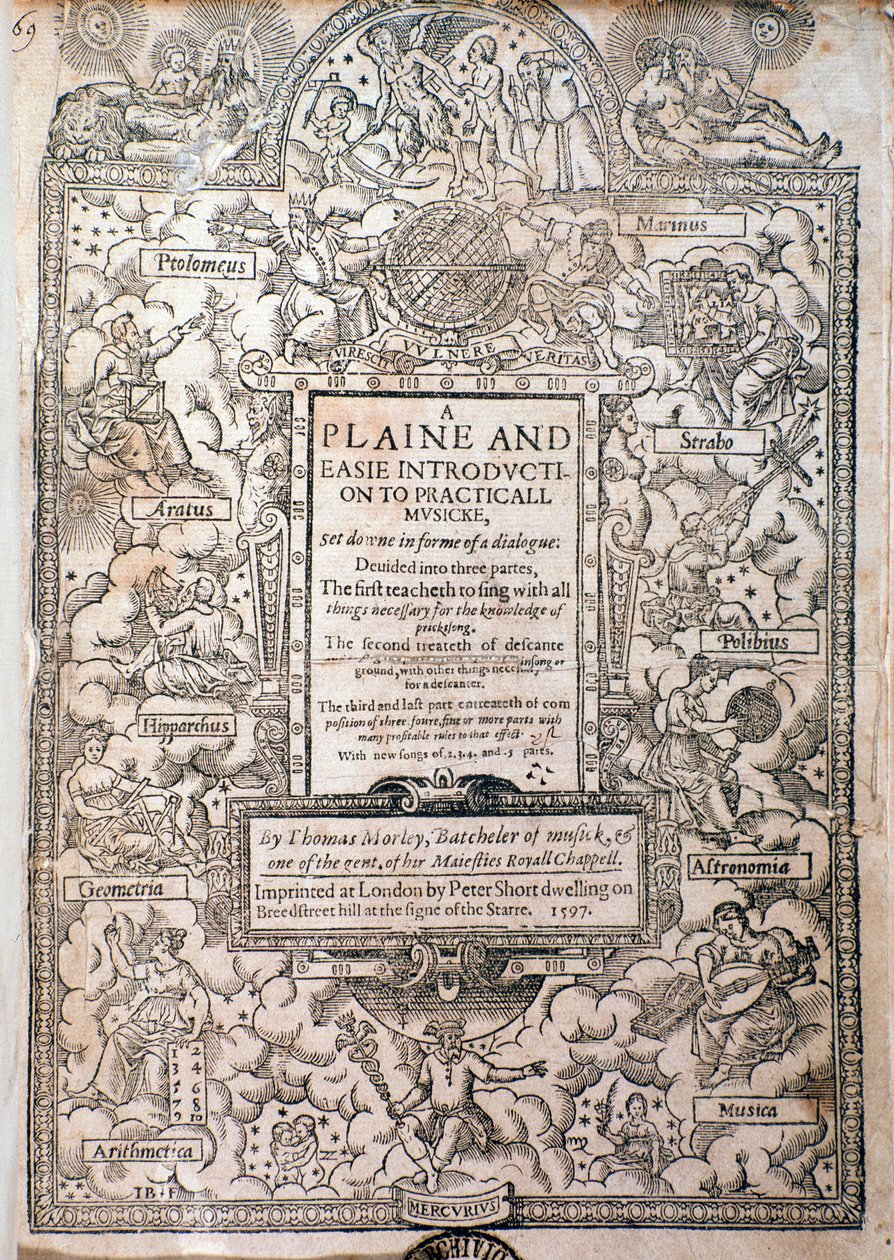 Frontispício de A Plaine e Easie Introdução ao Practicalall Musicke por Thomas Morley, detalhe, 1597 de English School