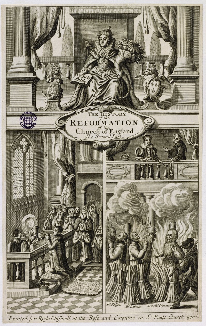 Frontispício da História da Reforma da Igreja da Inglaterra: A Segunda Parte por Gilbert Burnet (1643-1715), pub. por Richard Chiswell (1639-1711), 1681 de English School