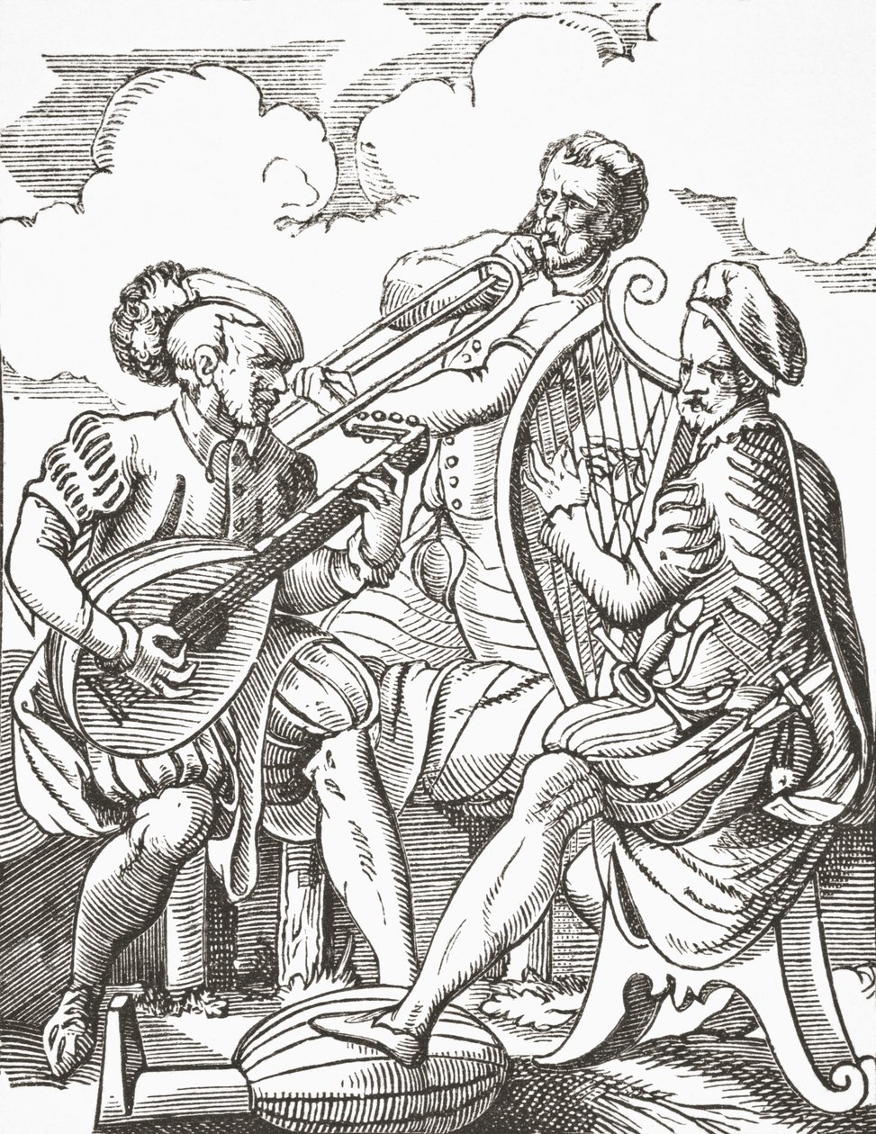 Músicos alemães tocando alaúde e violão, 1878 de English School