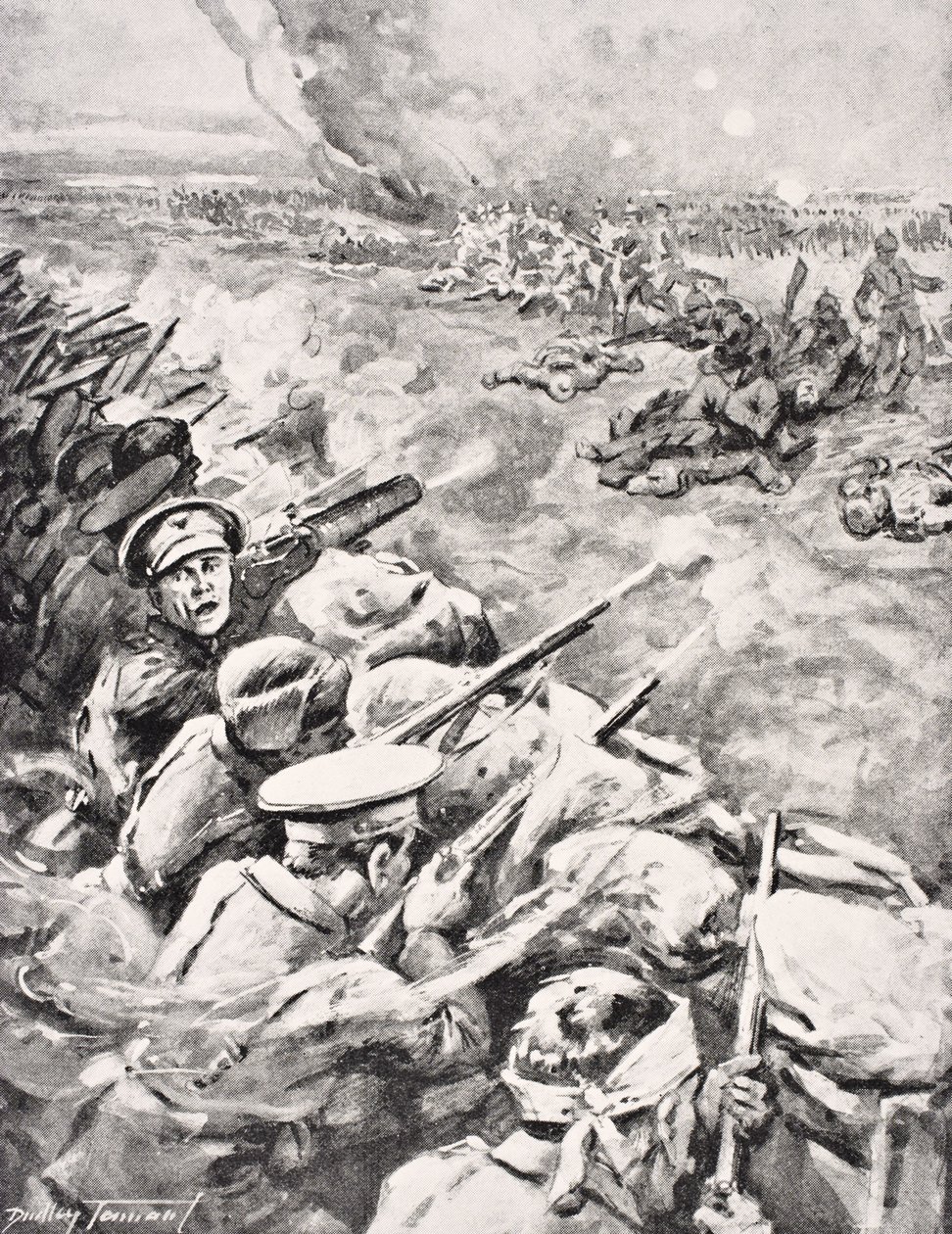 Tropas alemãs atacam as trincheiras britânicas, em 1915, de &39;The War Illustrated Album de Luxe&39;, publicado em Londres, 1916 de English School