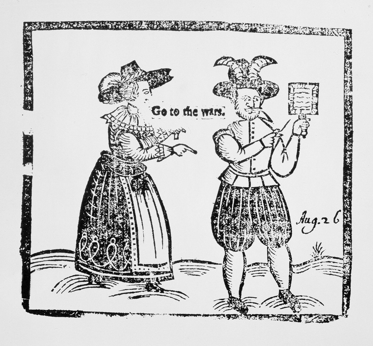 Vá para as guerras, ilustração de um panfleto mostrando a resolução das mulheres de Londres enviando seus maridos para lutar na Guerra dos Trinta Anos, c.1619 de English School