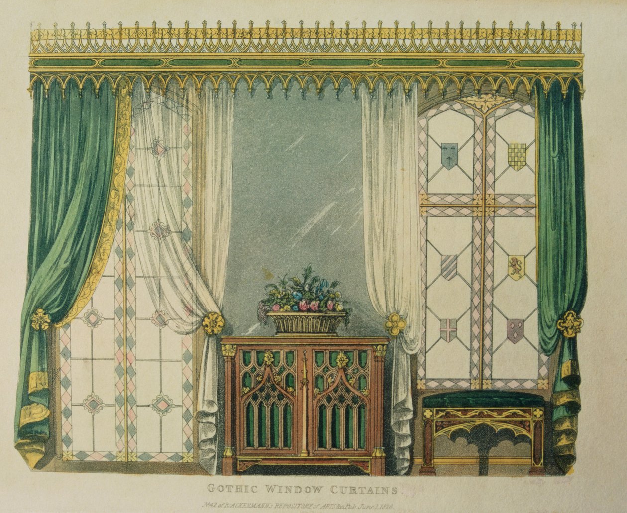Cortinas góticas, prato 161 do Ackermanns Repository of Arts, publicado em 1816 de English School