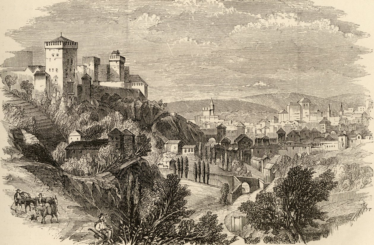 Granada e a Alhambra, ilustração de &39;Imagens espanholas&39; do Rev. Samuel Manning de English School