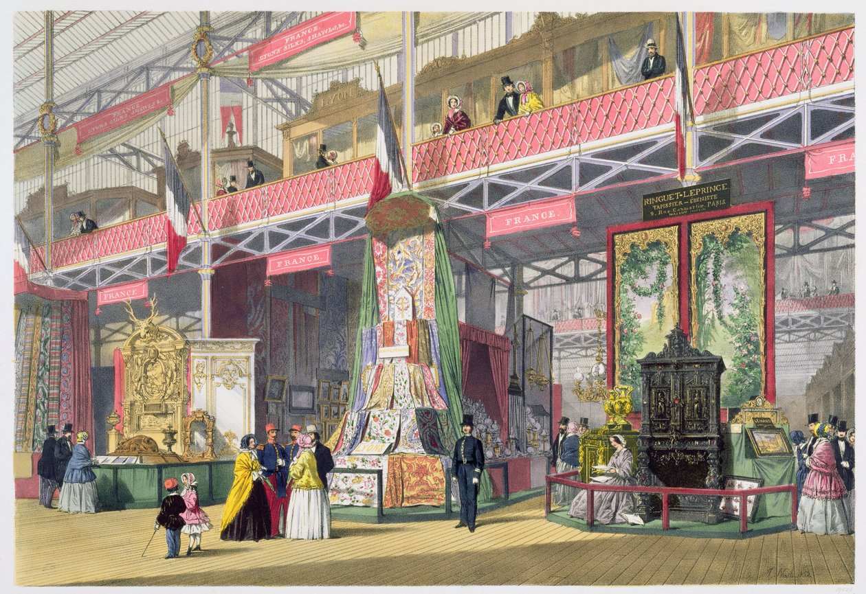 Grande Exposição, 1851: France No.1, exposição de tecidos e móveis, da Dickinsons Comprehensive Pictures (litografia colorida) de English School