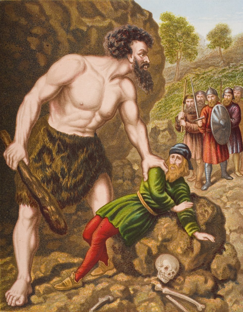 Grande Coração e seus companheiros atacam Giant Slay-Good, ilustração de &39;The Pilgrim&39;s Progress&39; por John Bunyan (1628-88) de English School