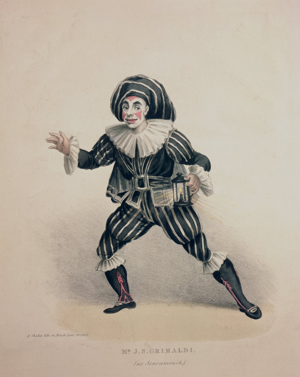 Grimaldi como Scaramouche, da Commedia dellArte, gravada por A. Chabot, século XIX (gravura colorida à mão) de English School