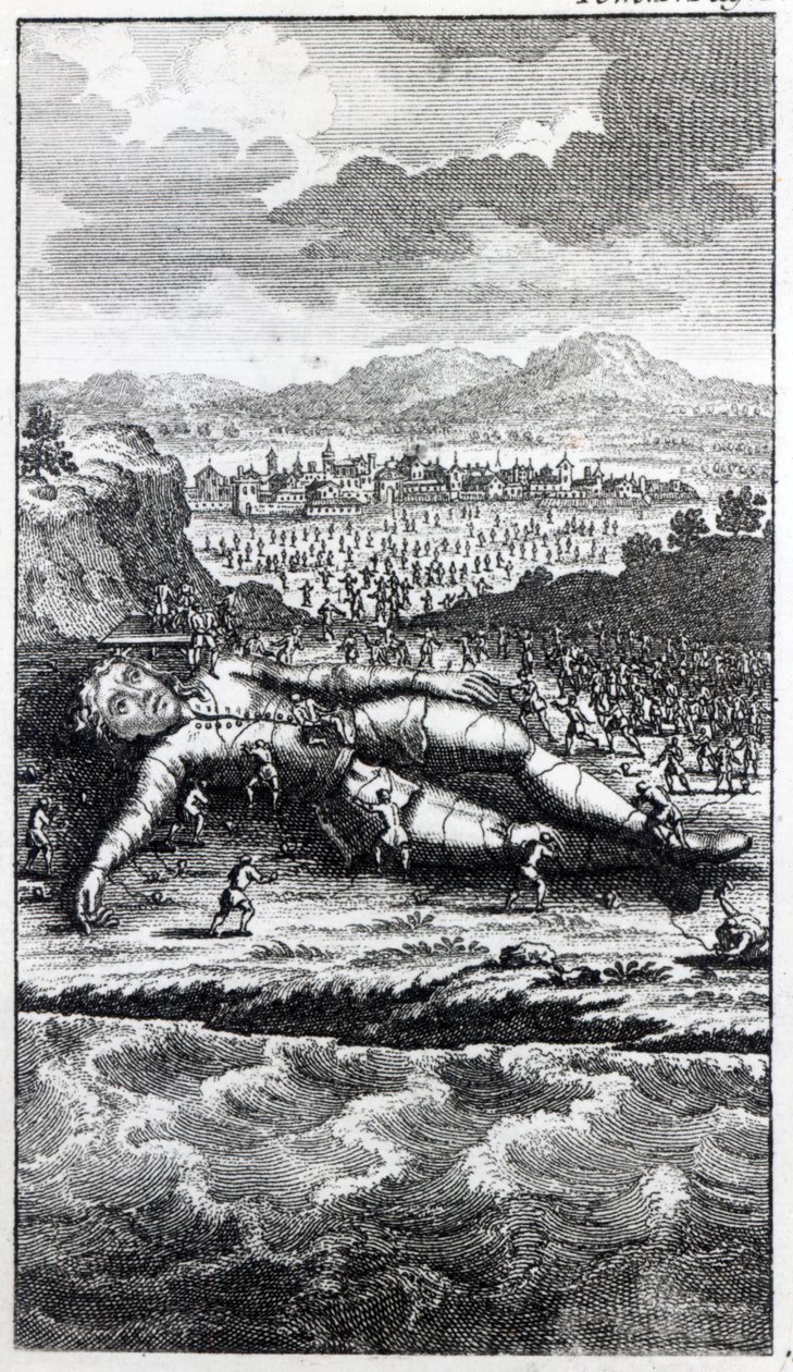 Gulliver capturado pelos liliputianos, ilustração de &39;viagens de Gulliver&39; por Jonathan Swift de English School