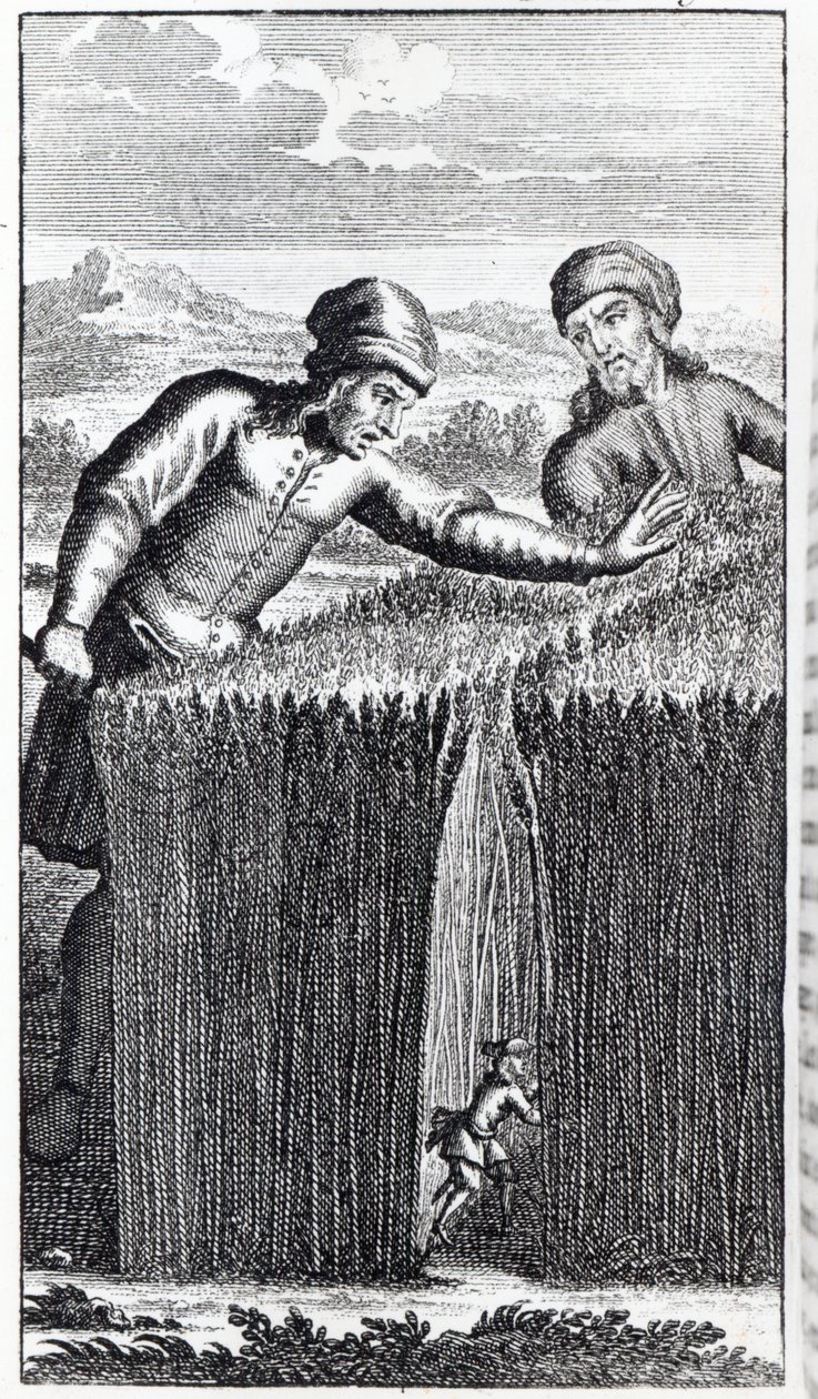 Gulliver é descoberto por um fazendeiro em Brobdingnag, ilustração de &39;Gulliver&39;s Travels&39; por Jonathan Swift de English School