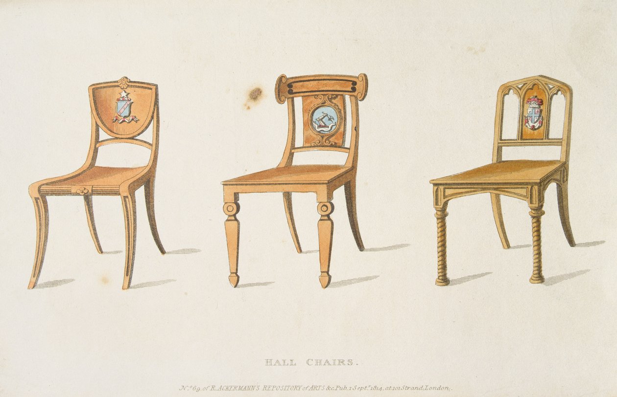 Cadeiras de salão, placa 67 de Ackermanns Repositório de Artes, Literatura, Comércio, Manufatura, Moda e Política, publicado em 1814 de English School
