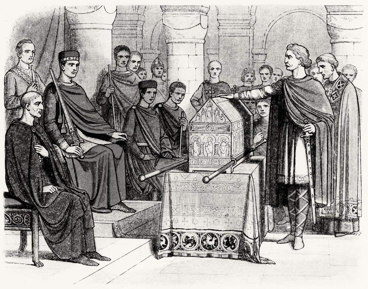 Harold II (c.1022-66) Fazer um juramento para defender o legado do trono a Guilherme I, o Conquistador (c.1028-87) por Eduardo, o Confessor (c.1003-66), c. de English School