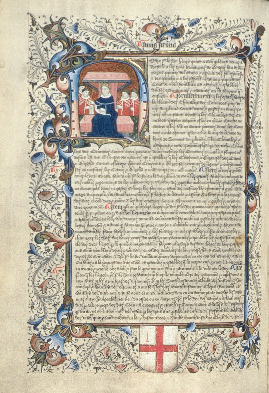 Henrique V (1387-1422) e alguns cortesãos retratados dentro do primeiro H, de Cartae Antiquae, no final do século XV de English School