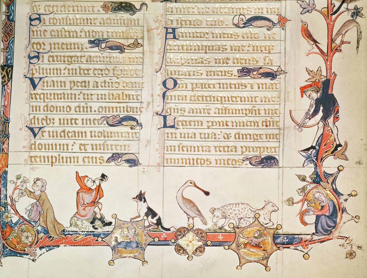 Ilustração de um saltério, representando várias figuras, um colhereiro, ovelhas, centauros e Reynard a raposa de English School