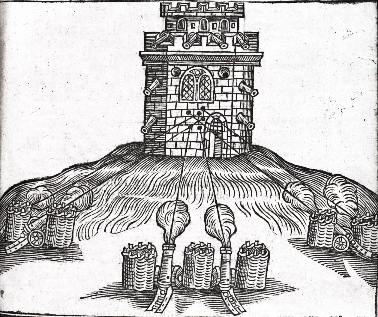 Ilustração da guerra de cerco, de &39;The Art of Gunnery&39;, de Thomas Smith (fl.1600-27), 1628 de English School