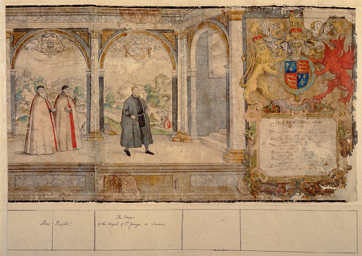 Procissão composta imaginária dos Cavaleiros da Jarreteira em Windsor, gravada por Marcus Gheeraerts o Velho (1521-86) 1576 (gravura colorida) de English School