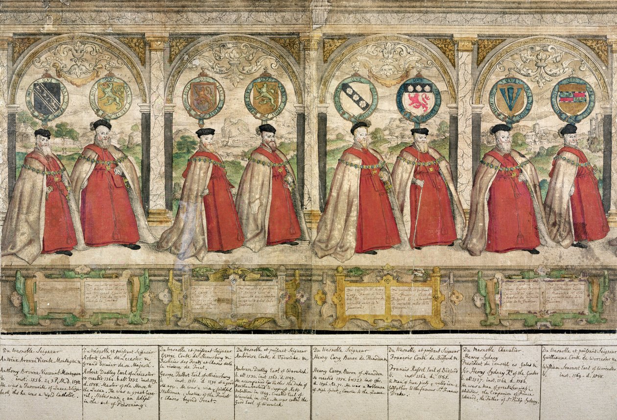 Procissão composta imaginária dos Cavaleiros da Jarreteira em Windsor, gravada por Marcus Gheeraerts o Velho (1521-86) 1576 (gravura colorida) de English School