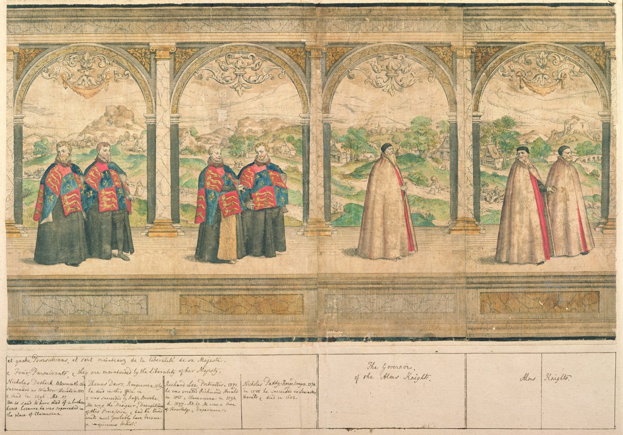 Procissão composta imaginária dos Cavaleiros da Jarreteira em Windsor, gravada por Marcus Gheeraerts o Velho (1521-86) 1576 (gravura colorida) de English School