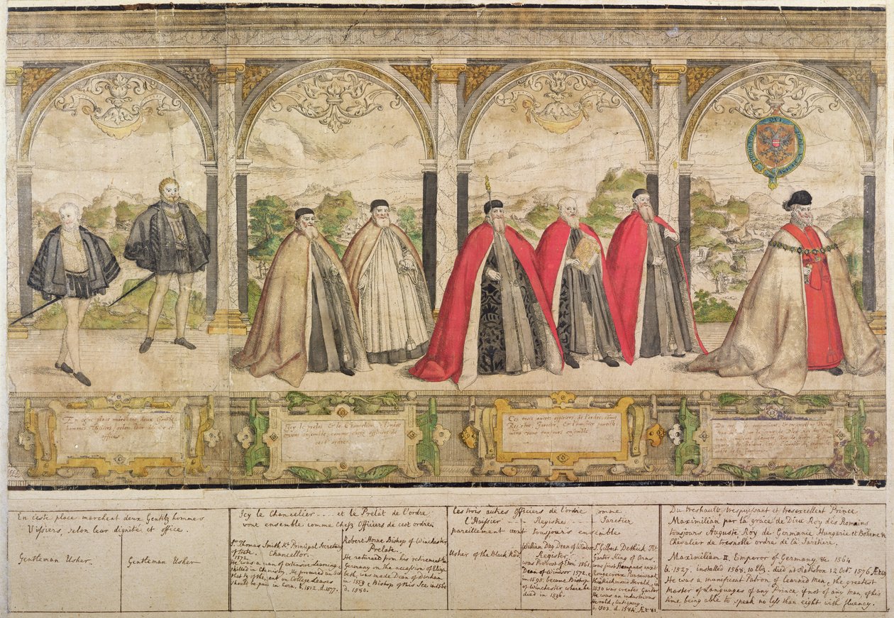 Procissão composta imaginária dos Cavaleiros da Jarreteira, gravada por Marcus Gheeraerts, o Velho (151620-c.1604) 1576 (gravura colorida) de English School