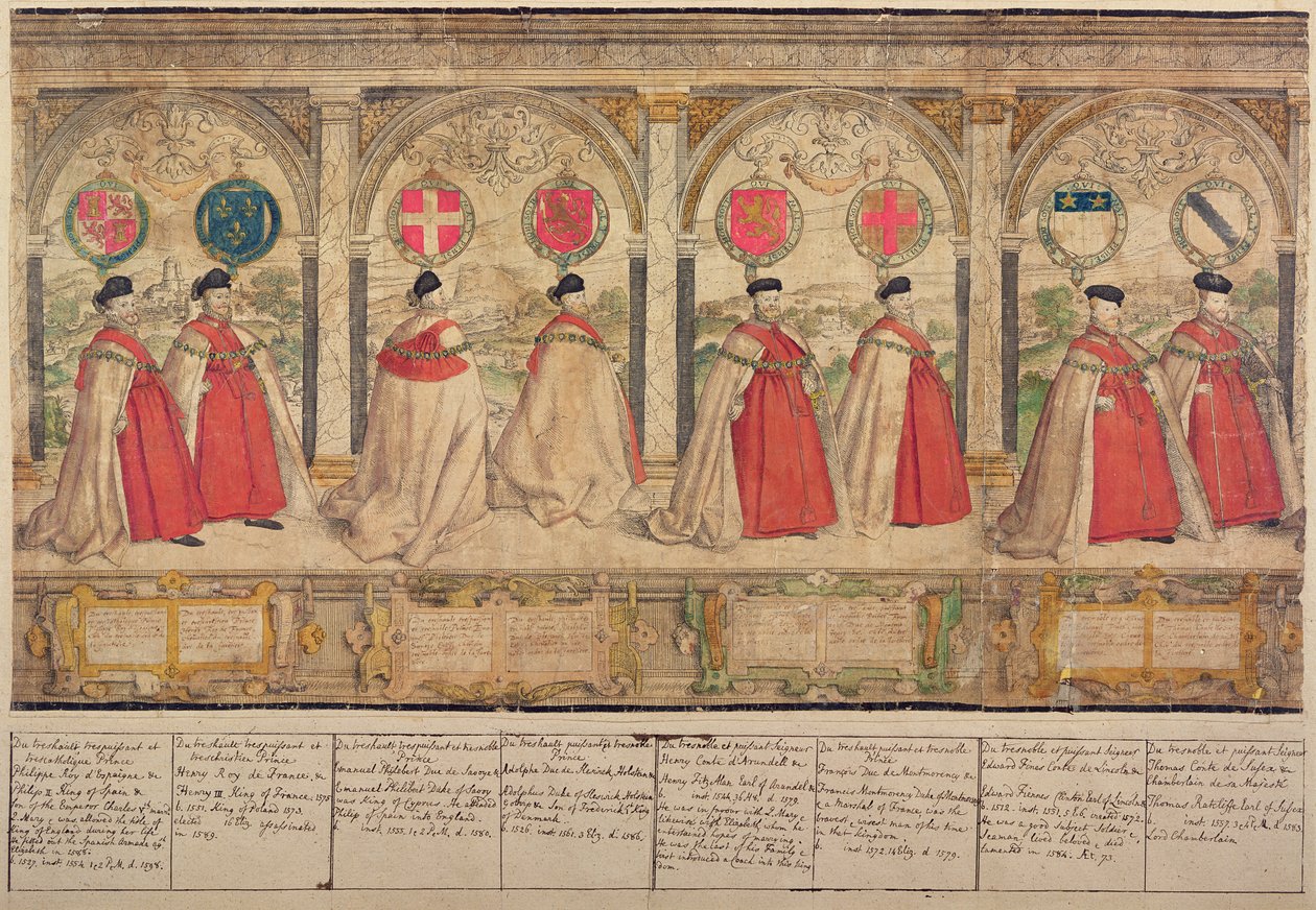 Procissão composta imaginária da Ordem da Jarreteira em Windsor, gravada por Marcus Gheeraerts o Velho (1521-86) 1576 (gravura colorida) de English School