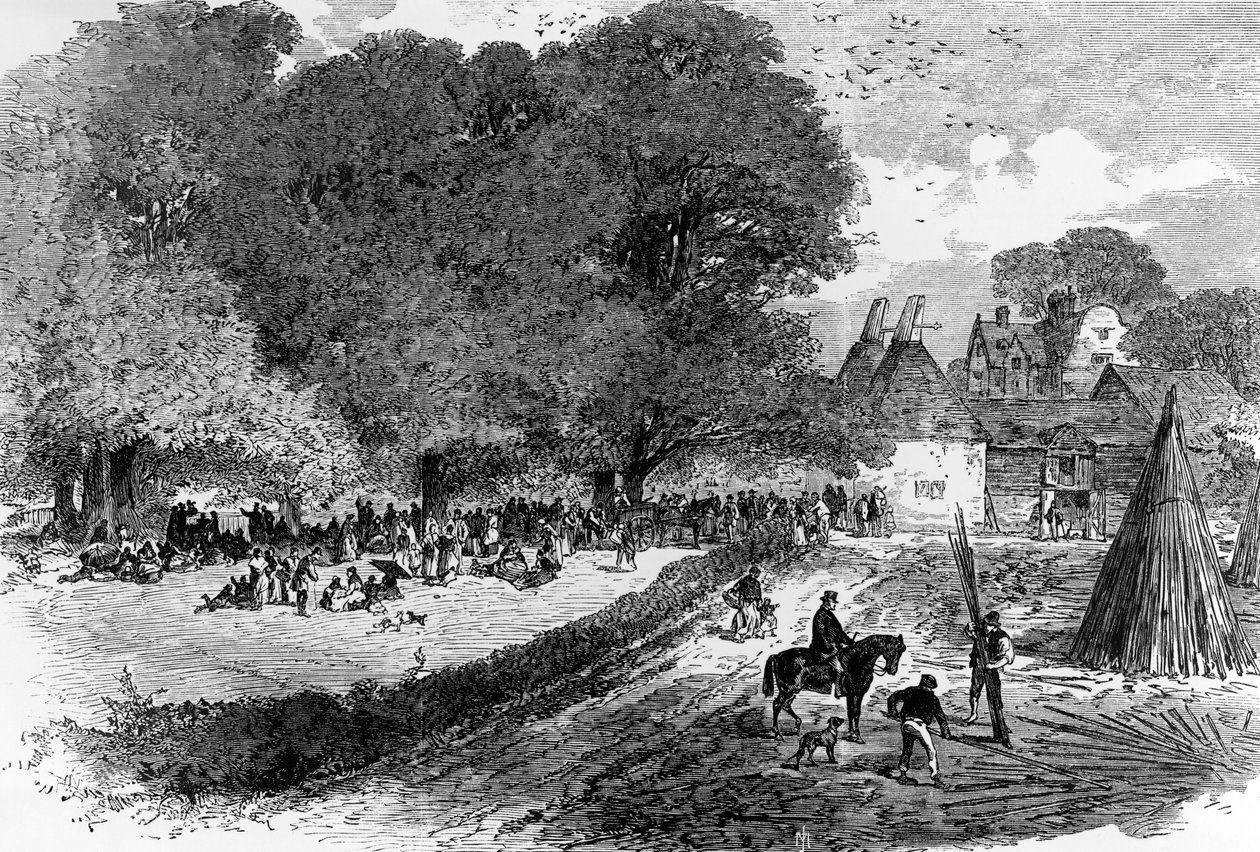 Nos campos de lúpulo de Kent, esperando para ser pago, 1867 de English School
