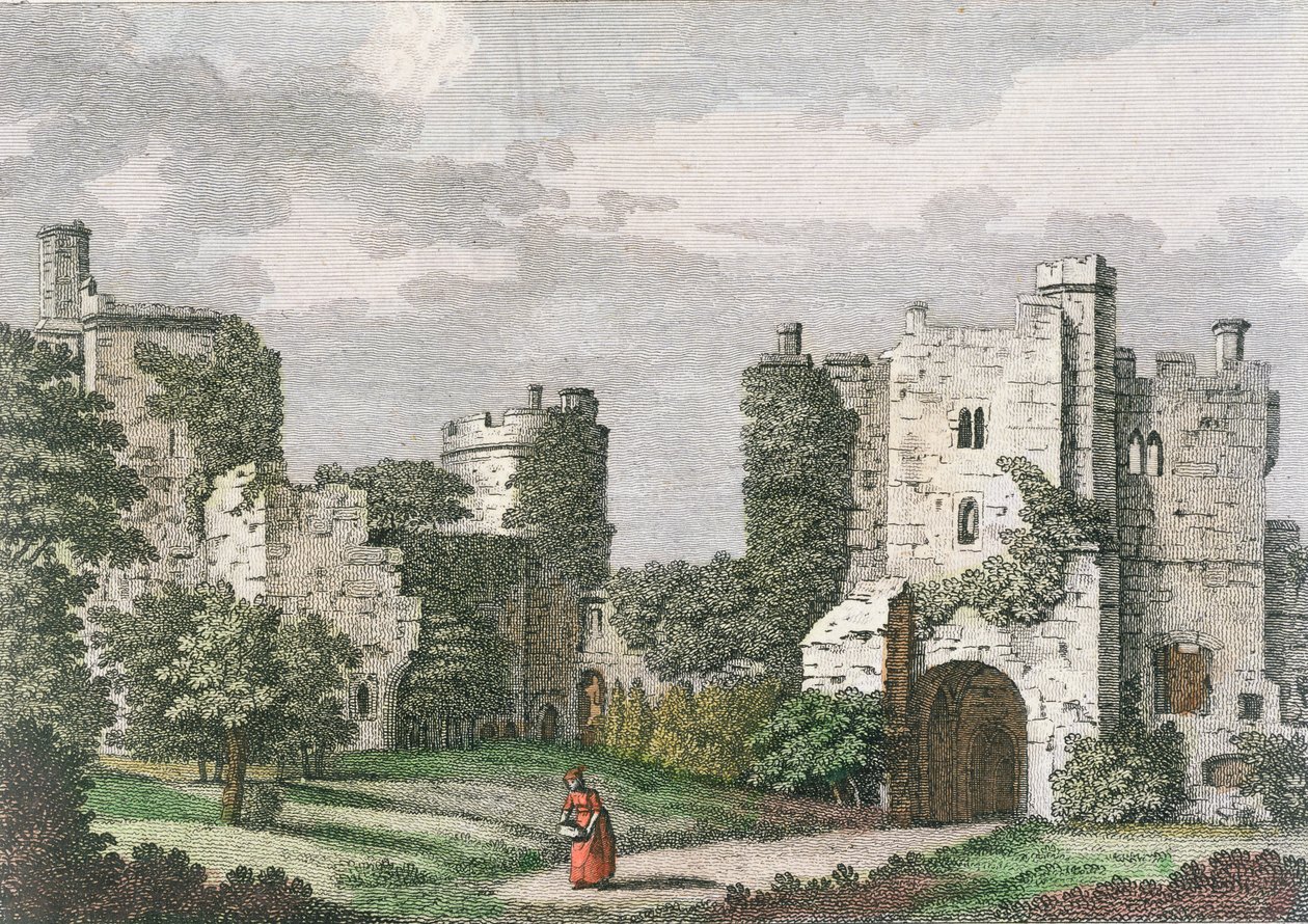 Vista interna e portão do Castelo de Bodiam, Sussex, 27 de maio de 1785 (gravura de cor) de English School
