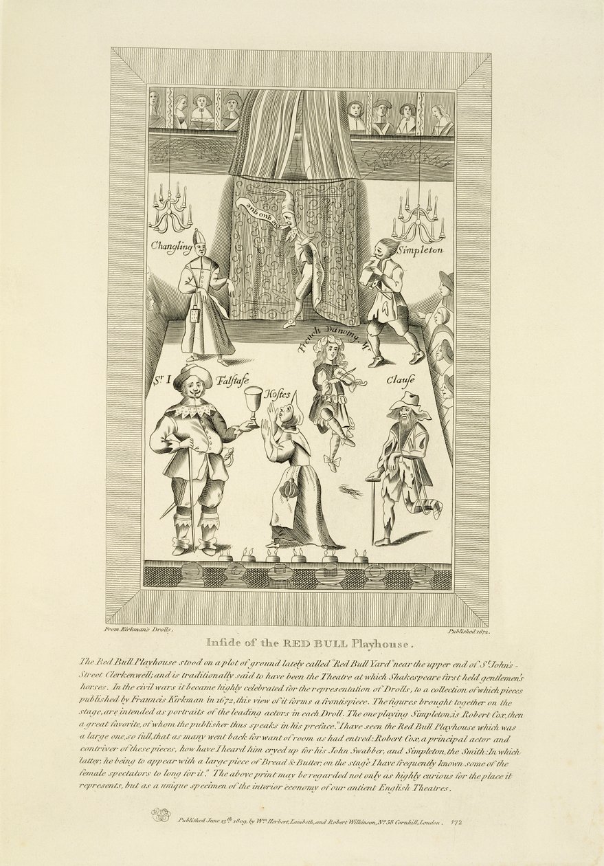 Dentro do Red Bull Playhouse, frontispício de uma coleção de drolls do primeiro pub Francis Kirkman. em 1672, pub. por William Herbert e Robert Wilkinson, 1809 de English School