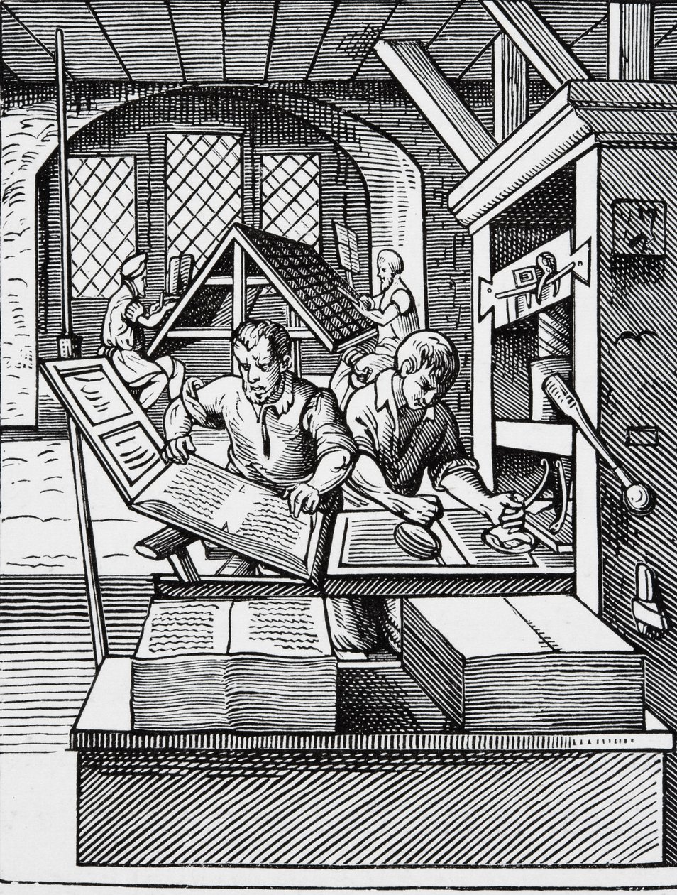 Interior de uma casa de impressão do século XVI, depois de uma gravura de Jost Amman (1539-91) de English School