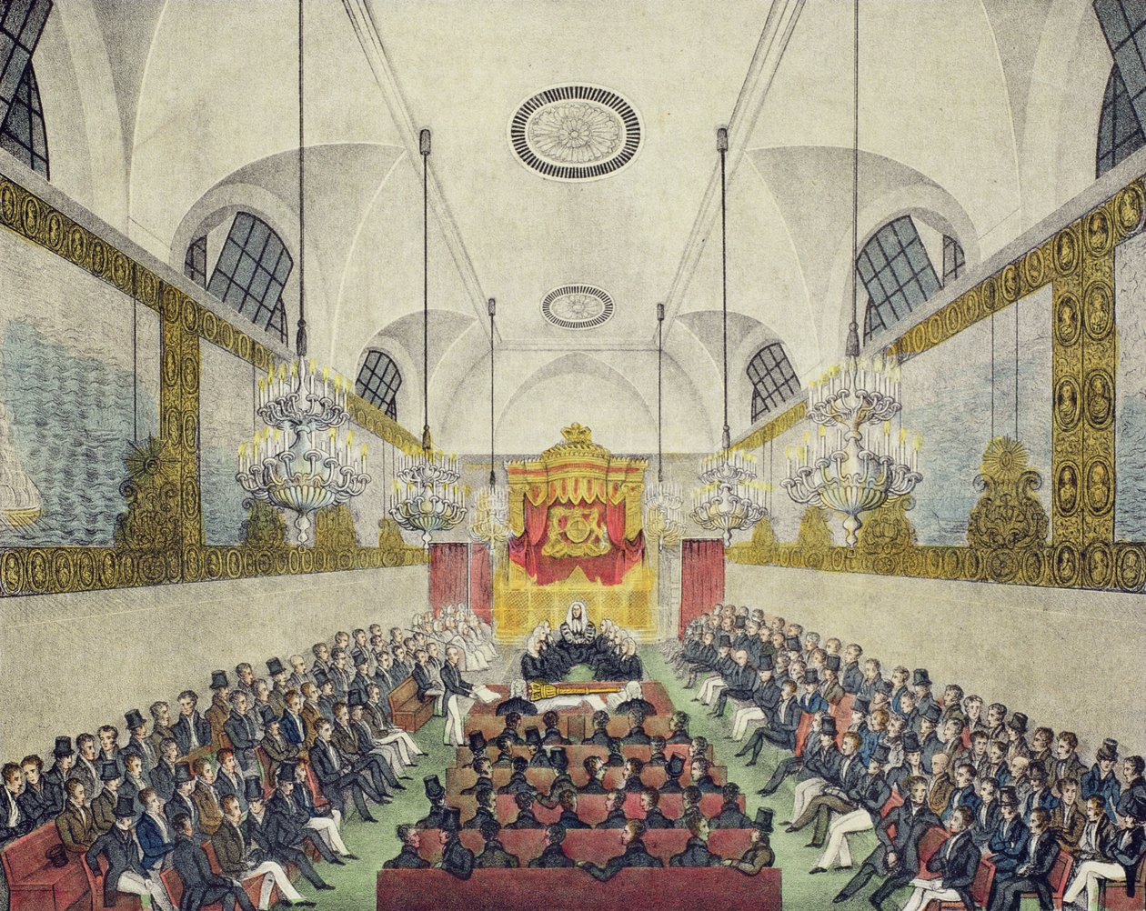 Interior da Câmara dos Lordes, no Palácio de Westminster, impresso e publicado por Charles Ingrey, c.1830 (lito colorido) de English School