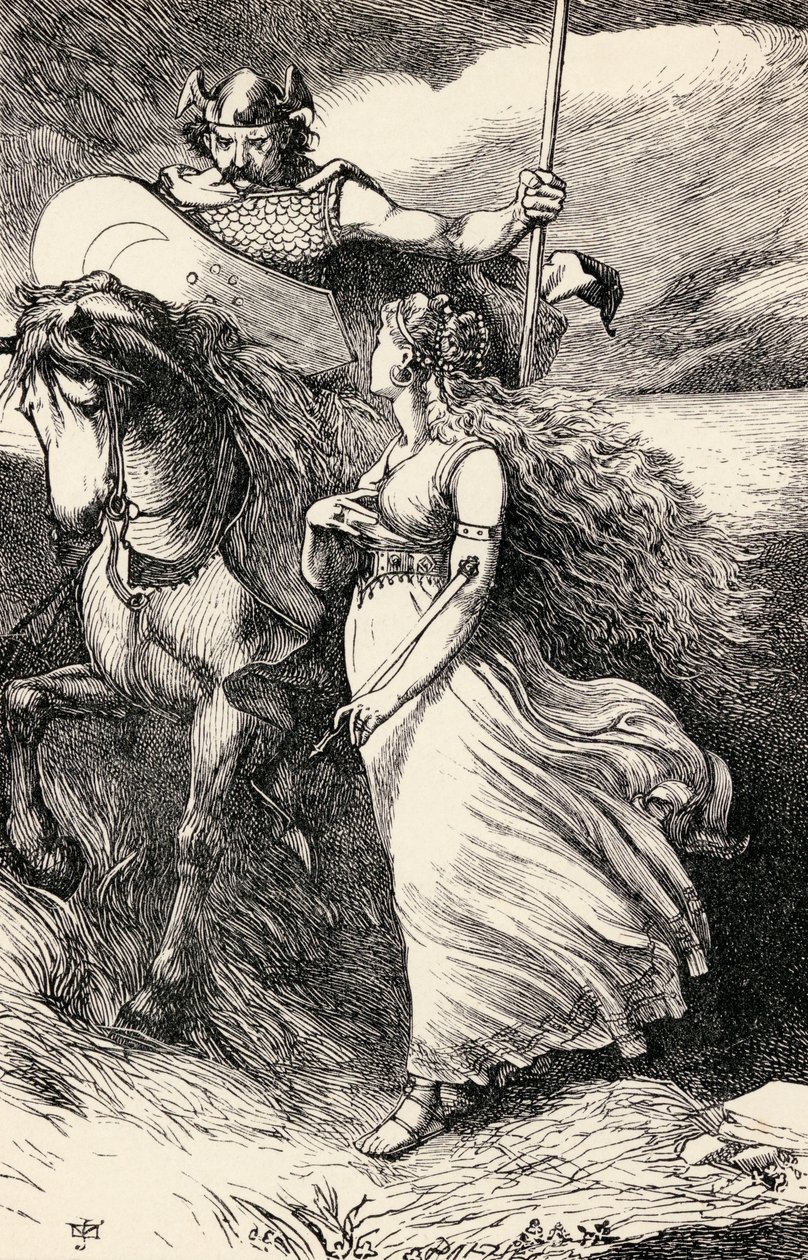 Cavaleiro irlandês e donzela, de uma edição de &39;As obras poéticas de Thomas More&39;, gravada por Dalziel Brothers (fl.1839-90) de English School
