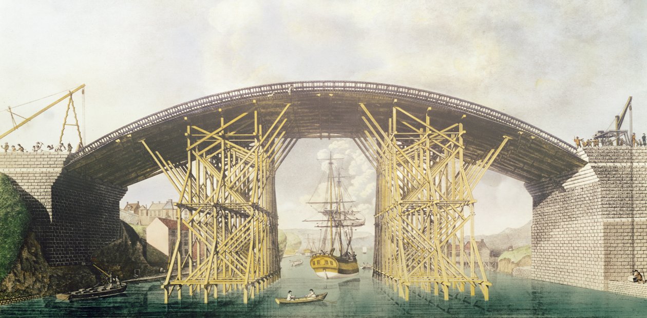 Ponte de ferro sobre o desgaste, 1796 (gravura a cores) de English School
